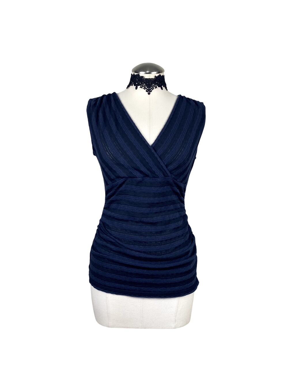 Y2K Style Ann Taylor Faux Wrap Stripe Navy Corp Goth Office Siren Blouse Sz SP